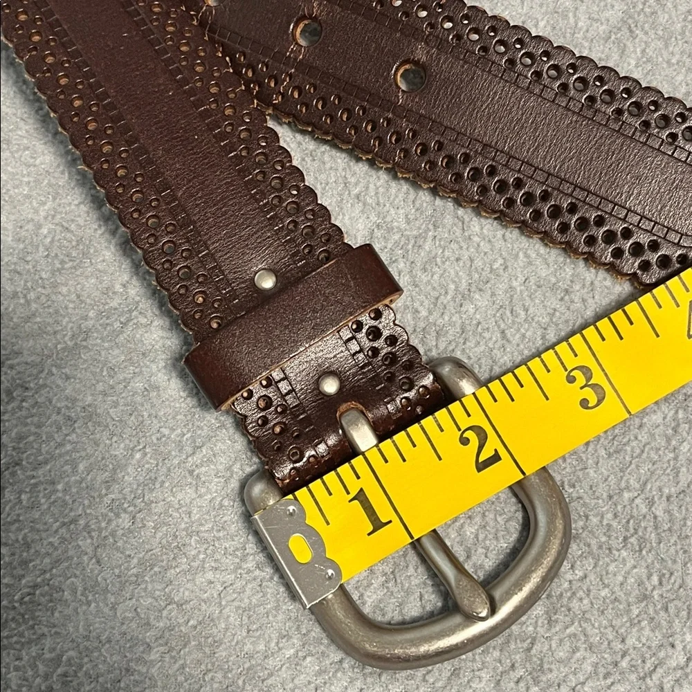 Boho Leather Bonded Belt Womens Medium Brown Silver Brass Buckle Lazer Cut